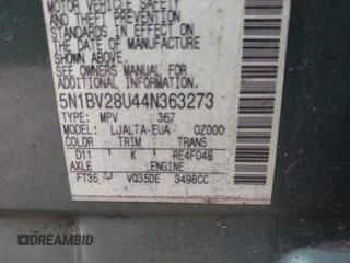 2004 Nissan Quest S with VIN 5N1BV28U44N363273, listed as a IAAI auction lot 40471920 with 192,009 mi miles. Bid and sale history available at carsss.com. Image 9.