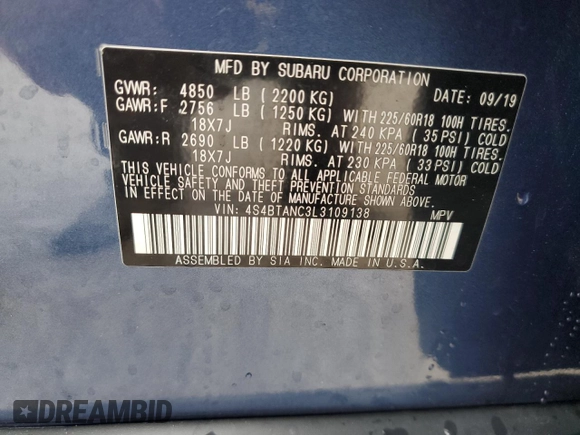2020 Subaru Outback Limited with VIN 4S4BTANC3L3109138, listed as a Copart auction lot 58858545 with 38,373 mi miles and Salvage title. Bid and sale history available at DreamBid. Image 13.