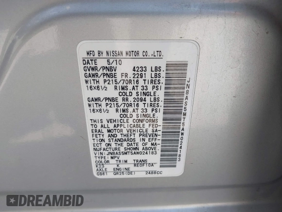 2010 Nissan Rogue S with VIN JN8AS5MT5AW024183, listed as a IAAI auction lot 42228923 with 189,555 mi miles and . Bid and sale history available at DreamBid. Image 9.