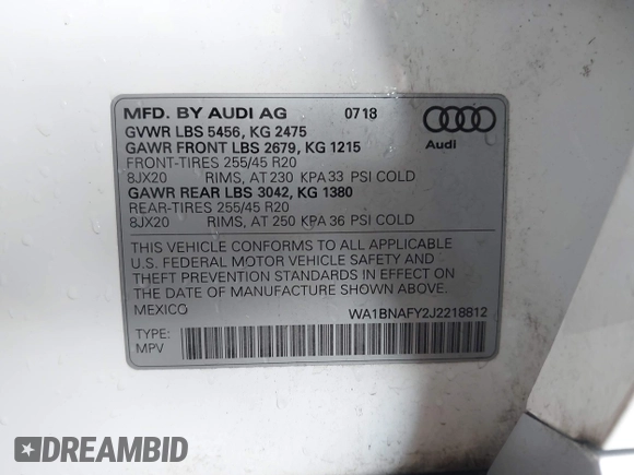 2018 Audi Q5 Premium Plus with VIN WA1BNAFY2J2218812, listed as a IAAI auction lot 41966425 with 67,530 mi miles. Bid and sale history available at carsss.com. Image 9.