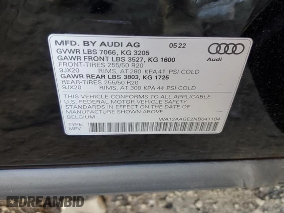 2022 Audi e-tron Sportback S line Premium Plus z VIN WA12AAGE2NB041104, wystawiony jako Copart lot #75980913 z przebiegiem Nie podano mil oraz Nie do naprawy • Non repairable. Historia ofert i sprzedaży dostępna na DreamBid. Obrazek 12.