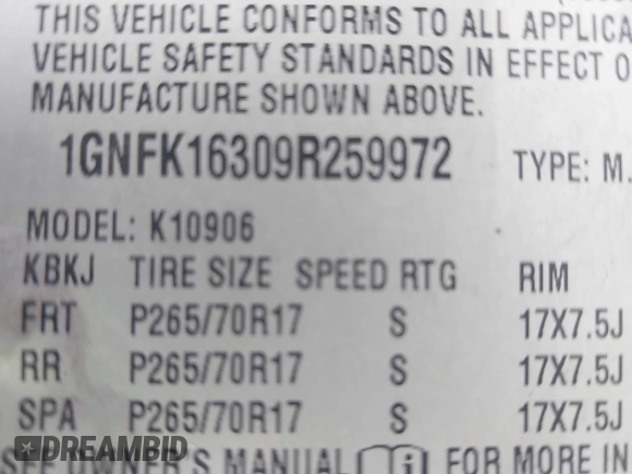 2009 Chevrolet Suburban LT with VIN 1GNFK16309R259972, listed as a IAAI auction lot 41568798 with 327,218 mi miles. Bid and sale history available at carsss.com. Image 9.