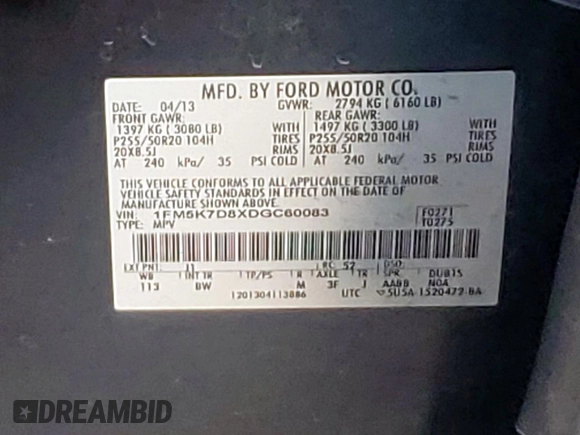 2013 Ford Explorer XLT с VIN 1FM5K7D8XDGC60083, выставлен на аукционе Copart как лот 58173225 с пробегом 200 073 миль миль и Списание • Salvage title. История ставок и продаж доступна на DreamBid. Изображение 13.