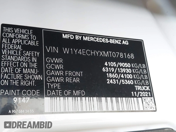 2021 Mercedes-Benz Sprinter Cargo with VIN W1Y4ECHYXMT078168, listed as a IAAI auction lot 41796015 with 14,472 mi miles and . Bid and sale history available at carsss.com. Image 9.