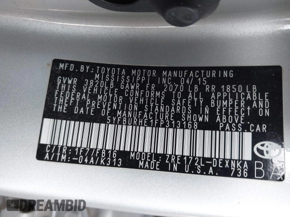 2015 Toyota Corolla L z VIN 5YFBURHE1FP313168, wystawiony jako IAAI lot #42371167 z przebiegiem 121 114 mil mil oraz . Historia ofert i sprzedaży dostępna na DreamBid. Obrazek 9.