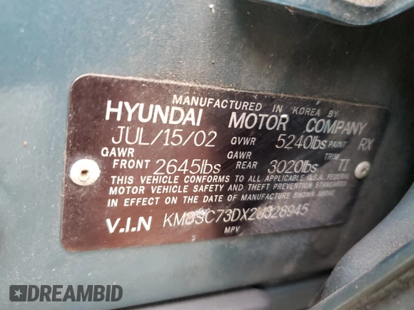 2002 Hyundai Santa Fe GLS with VIN KM8SC73DX2U328945, listed as a Copart auction lot 51134965 with 98,503 mi miles and Non Repairable. Bid and sale history available at carsss.com. Image 13.
