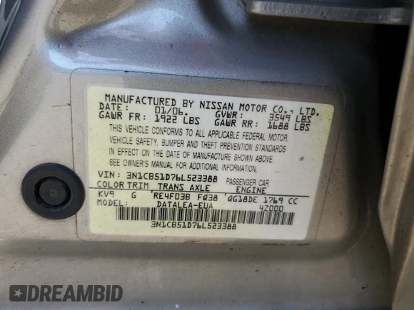 2006 Nissan Sentra S with VIN 3N1CB51D76L523388, listed as a Copart auction lot 53747575 with 156,710 mi miles and Salvage Title. Bid and sale history available at DreamBid. Image 12.