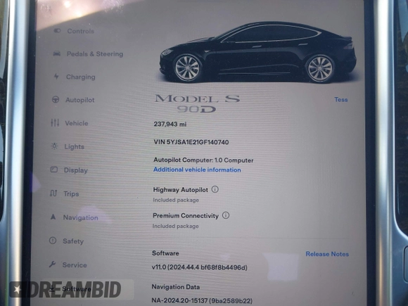 2016 Tesla Model S 90D with VIN 5YJSA1E21GF140740, listed as a IAAI auction lot 42062461 with 237,943 mi miles and . Bid and sale history available at DreamBid. Image 7.