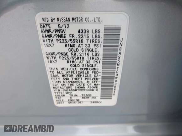 2013 Nissan Rogue S with VIN JN8AS5MT0DW008610, listed as a IAAI auction lot 41125002 with Not Provided miles and . Bid and sale history available at DreamBid. Image 9.