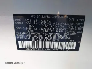 2023 Subaru Outback Wilderness with VIN 4S4BTGUD7P3219709, listed as a IAAI auction lot 41455031 with 18,149 mi miles and . Bid and sale history available at DreamBid. Image 9.