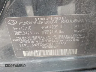 2011 Hyundai Sonata Limited with VIN 5NPEC4AC2BH095308, listed as a IAAI auction lot 41967278 with 283,995 mi miles and . Bid and sale history available at DreamBid. Image 9.