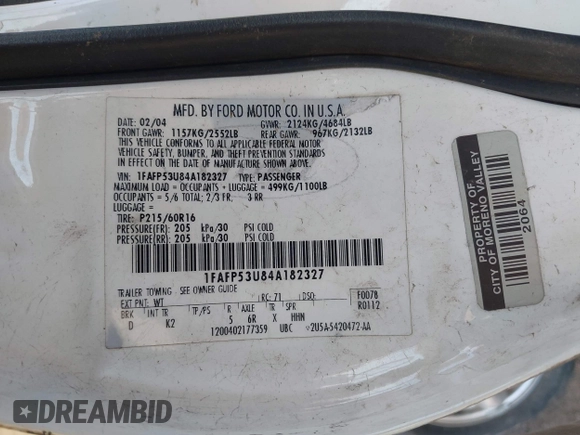 2004 Ford Taurus SE with VIN 1FAFP53U84A182327, listed as a IAAI auction lot 42284327 with Not provided miles and . Bid and sale history available at DreamBid. Image 9.