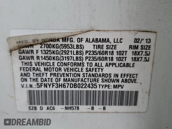 2013 Honda Pilot EX-L with VIN 5FNYF3H67DB022435, listed as a Copart auction lot 56531915 with 82,573 mi miles and Salvage title. Bid and sale history available at DreamBid. Image 14.