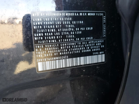2021 Volkswagen Tiguan S with VIN 3VV1B7AX8MM032623, listed as a Copart auction lot 83112844 with 50,444 mi miles and Salvage Title. Bid and sale history available at carsss.com. Image 13.