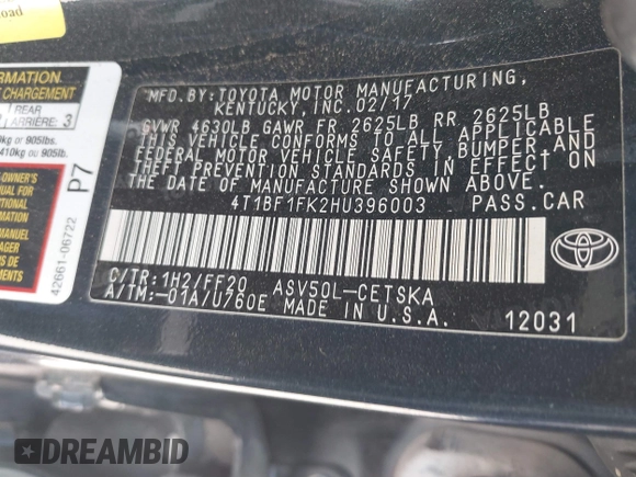 2017 Toyota Camry XLE z VIN 4T1BF1FK2HU396003, wystawiony jako IAAI lot #41792825 z przebiegiem 102 921 mil mil oraz . Historia ofert i sprzedaży dostępna na DreamBid. Obrazek 9.