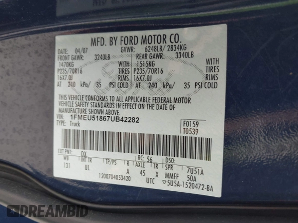 2007 Ford Explorer Sport Trac XLT with VIN 1FMEU51867UB42282, listed as a IAAI auction lot 42318069 with 191,237 mi miles and . Bid and sale history available at DreamBid. Image 9.