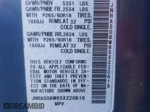 2005 Infiniti FX z VIN JNRAS08W65X220619, wystawiony jako Copart lot #50396215 z przebiegiem 180 332 mil mil oraz Szkoda całkowita • Salvage title. Historia ofert i sprzedaży dostępna na DreamBid. Obrazek 13.