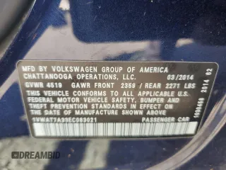2014 Volkswagen Passat Wolfsburg Edition with VIN 1VWAT7A33EC083021, listed as a Copart auction lot 56015745 with Not provided miles and Clean title. Bid and sale history available at DreamBid. Image 12.
