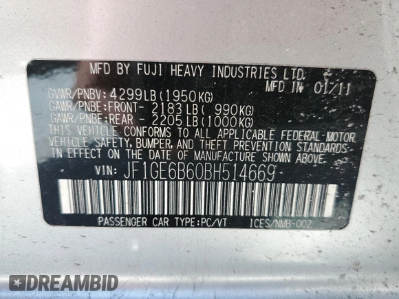 2011 Subaru Impreza Premium with VIN JF1GE6B60BH514669, listed as a Copart auction lot 56294893 with Not provided miles and Salvage title. Bid and sale history available at DreamBid. Image 15.