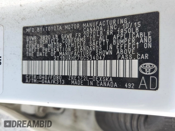 2016 Toyota Corolla L with VIN 2T1BURHE7GC534047, listed as a Copart auction lot 63325725 with 173,954 mi miles and Salvage title. Bid and sale history available at DreamBid. Image 12.