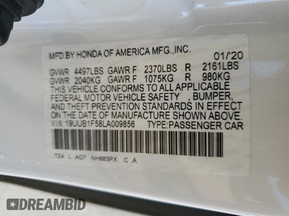 2020 Acura TLX w/Technology Pkg with VIN 19UUB1F58LA009856, listed as a Copart auction lot 89148575 with 0 mi miles and Salvage Title. Bid and sale history available at carsss.com. Image 13.
