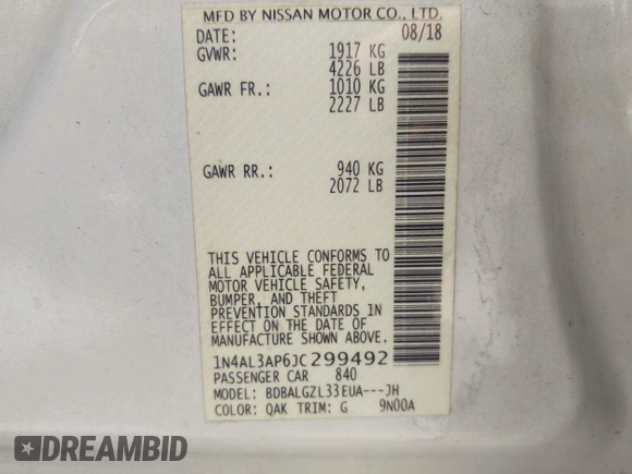 2018 Nissan Altima 2.5 SR with VIN 1N4AL3AP6JC299492, listed as a IAAI auction lot 42137817 with 109,367 mi miles. Bid and sale history available at carsss.com. Image 9.