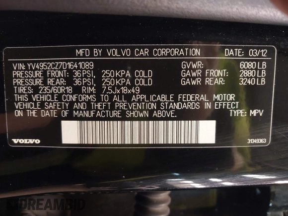 2013 Volvo XC90 Premier Plus with VIN YV4952CZ7D1641089, listed as a IAAI auction lot 41994951 with 163,699 mi miles. Bid and sale history available at carsss.com. Image 9.
