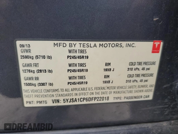 2013 Tesla Model S Performance с VIN 5YJSA1CP6DFP22018, выставлен на аукционе Copart как лот 55681235 с пробегом 86 813 миль миль и Списание • Salvage title. История ставок и продаж доступна на DreamBid. Изображение 13.