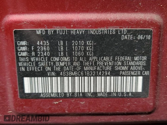 2011 Subaru Legacy Premium with VIN 4S3BMBC61B3214294, listed as a Copart auction lot 64795355 with 116,793 mi miles and Salvage title. Bid and sale history available at DreamBid. Image 12.