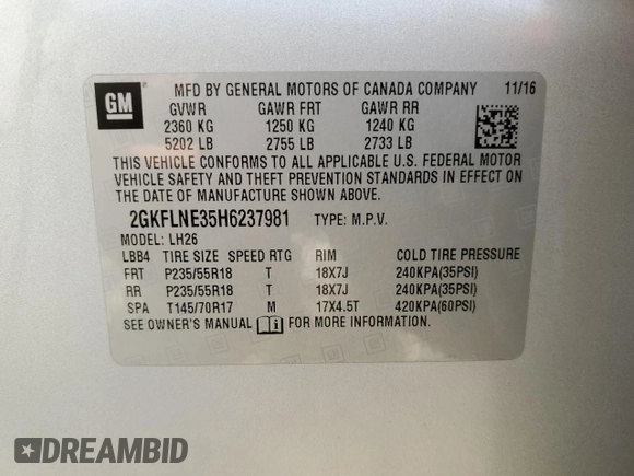 2017 GMC Terrain SLE with VIN 2GKFLNE35H6237981, listed as a Copart auction lot 53062995 with 85,004 mi miles and Salvage Title. Bid and sale history available at carsss.com. Image 15.