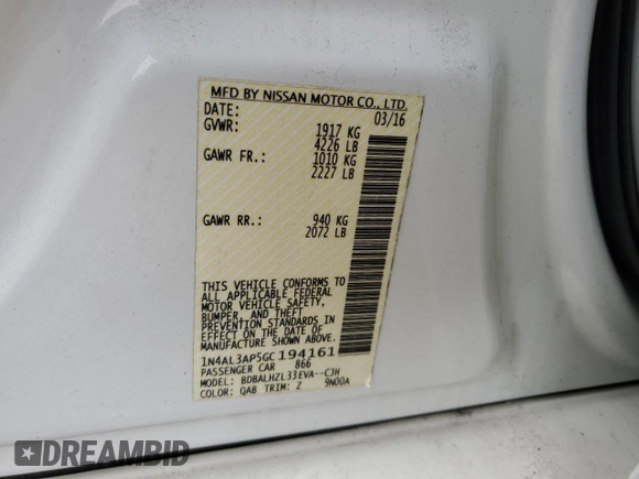 2016 Nissan Altima SV with VIN 1N4AL3AP5GC194161, listed as a Copart auction lot 44794435 with 133,696 mi miles and Salvage title. Bid and sale history available at DreamBid. Image 12.
