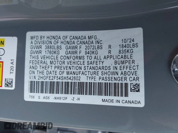 2025 Honda Civic Sport with VIN 2HGFE2F54SH542602, listed as a IAAI auction lot 42068927 with 7,110 mi miles and . Bid and sale history available at DreamBid. Image 9.