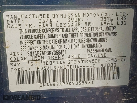 2019 Nissan Sentra S z VIN 3N1AB7AP3KY358451, wystawiony jako IAAI lot #41960388 z przebiegiem 129 478 mil mil oraz . Historia ofert i sprzedaży dostępna na DreamBid. Obrazek 9.