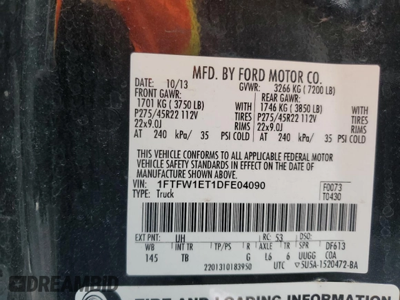 2013 Ford F-150 XL with VIN 1FTFW1ET1DFE04090, listed as a Copart auction lot 45906055 with 202,215 mi miles and Salvage Title. Bid and sale history available at carsss.com. Image 12.