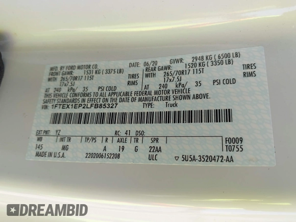 2020 Ford F-150 XL с VIN 1FTEX1EP2LFB85327, выставлен на аукционе IAAI как лот 42156000 с пробегом 53 664 миль миль и . История ставок и продаж доступна на DreamBid. Изображение 8.