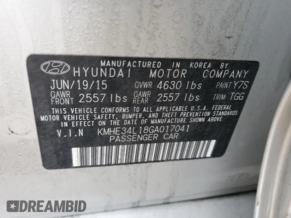 2016 Hyundai Sonata Hybrid Limited with VIN KMHE34L18GA017041, listed as a Copart auction lot 47488955 with 119,415 mi miles and Salvage Title. Bid and sale history available at carsss.com. Image 12.