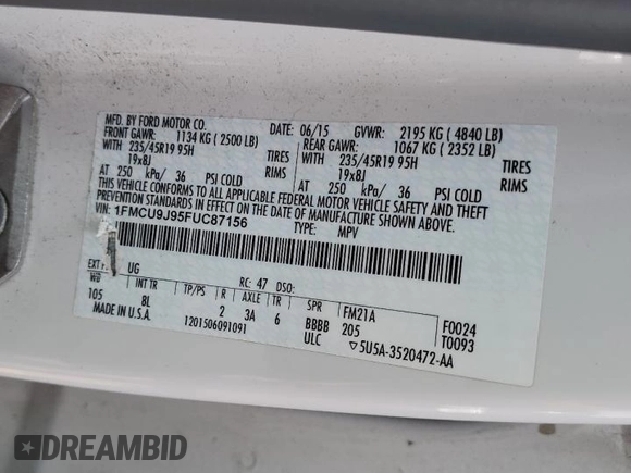 2015 Ford Escape Titanium с VIN 1FMCU9J95FUC87156, выставлен на аукционе Copart как лот 60097165 с пробегом 111 275 миль миль и Списание • Salvage title. История ставок и продаж доступна на DreamBid. Изображение 13.