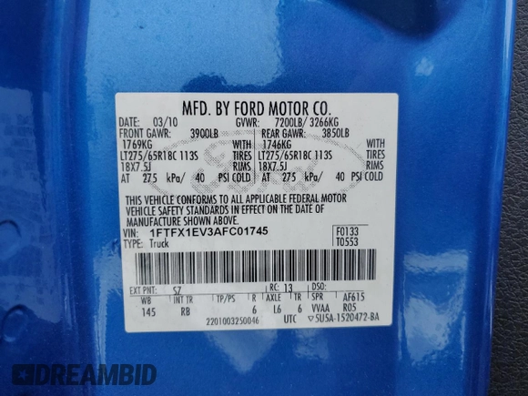 2010 Ford F-150 XL with VIN 1FTFX1EV3AFC01745, listed as a Copart auction lot 55466205 with 125,836 mi miles and Clean Title. Bid and sale history available at carsss.com. Image 12.