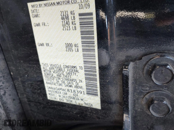 2010 Nissan Maxima S z VIN 1N4AA5AP9AC818391, wystawiony jako IAAI lot #41858659 z przebiegiem Nie podano mil oraz . Historia ofert i sprzedaży dostępna na DreamBid. Obrazek 9.