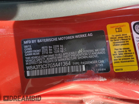 2016 BMW 4 Series 435i z VIN WBA3T3C57G5A41364, wystawiony jako Copart lot #85816774 z przebiegiem 23 994 mil mil oraz Szkoda całkowita • Salvage title. Historia ofert i sprzedaży dostępna na DreamBid. Obrazek 12.