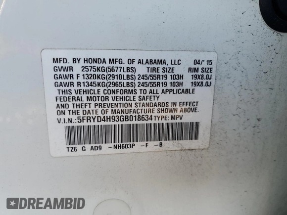 2016 Acura MDX w/Advance with VIN 5FRYD4H93GB018634, listed as a Copart auction lot 65938493 with 38,479 mi miles. Bid and sale history available at carsss.com. Image 14.