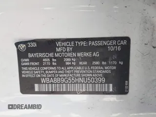 2017 BMW 3 Series 330i с VIN WBA8B9G55HNU50399, выставлен на аукционе IAAI как лот 42630561 с пробегом 60 176 миль миль и . История ставок и продаж доступна на DreamBid. Изображение 9.