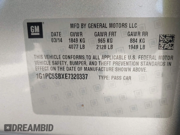2014 Chevrolet Cruze 1LT with VIN 1G1PC5SBXE7320337, listed as a IAAI auction lot 42010404 with 69,270 mi miles and . Bid and sale history available at DreamBid. Image 9.