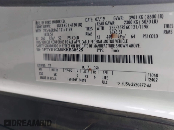 2019 Ford Transit with VIN 1FTYE1CM0KKB38525, listed as a IAAI auction lot 41940711 with 224,576 mi miles and . Bid and sale history available at DreamBid. Image 9.