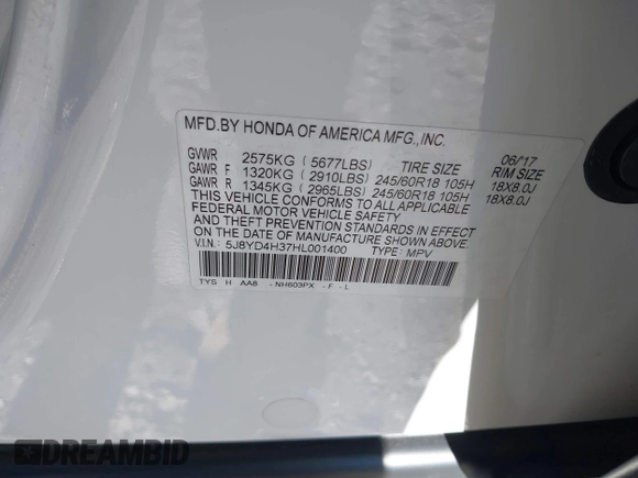 2017 Acura MDX z VIN 5J8YD4H37HL001400, wystawiony jako IAAI lot #41854465 z przebiegiem 146 321 mil mil oraz . Historia ofert i sprzedaży dostępna na DreamBid. Obrazek 9.