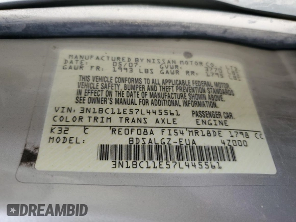 2007 Nissan Versa SL with VIN 3N1BC11E57L445561, listed as a Copart auction lot 53709695 with 143,925 mi miles and Salvage title. Bid and sale history available at DreamBid. Image 13.