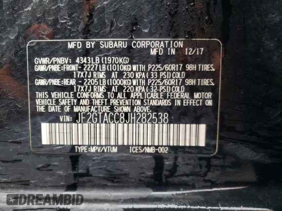 2018 Subaru Crosstrek Premium z VIN JF2GTACC8JH282538, wystawiony jako Copart lot #86929104 z przebiegiem 155 277 mil mil oraz Szkoda całkowita • Salvage title. Historia ofert i sprzedaży dostępna na DreamBid. Obrazek 13.