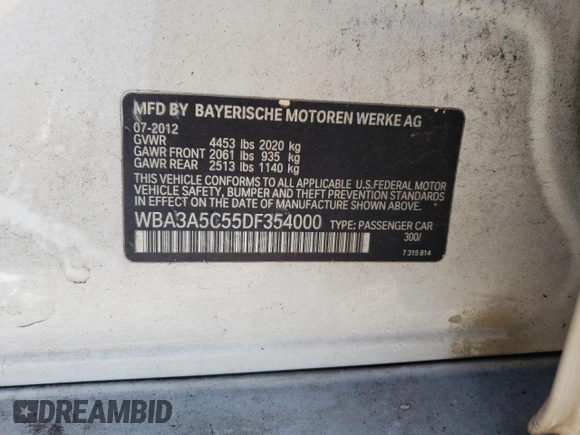 2013 BMW 3 Series 328i with VIN WBA3A5C55DF354000, listed as a Copart auction lot 49655685 with Not Provided miles and Salvage Title. Bid and sale history available at carsss.com. Image 13.