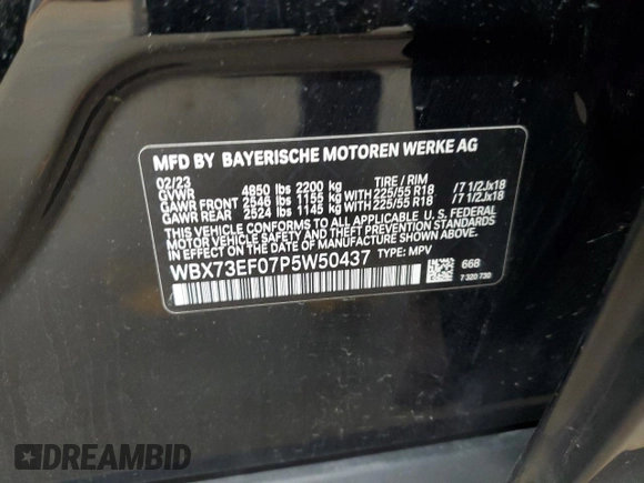 2023 BMW X1 xDrive28i с VIN WBX73EF07P5W50437, выставлен на аукционе Copart как лот 51064775 с пробегом Не указан миль и Списание • Salvage title. История ставок и продаж доступна на DreamBid. Изображение 13.