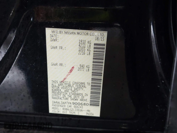 2015 Nissan Altima 2.5 SL with VIN 1N4AL3AP7FN900680, listed as a IAAI auction lot 41905897 with 158,200 mi miles. Bid and sale history available at carsss.com. Image 9.